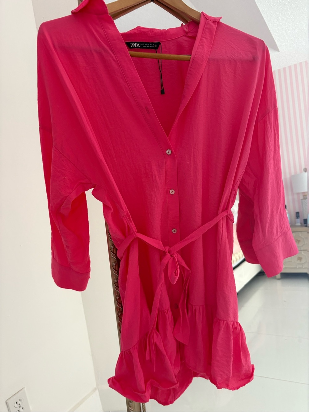 Zara hot pink shirt waisted dress with belt S